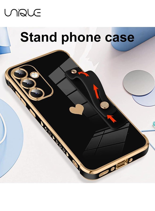 يونيك متوافق مع حافظة Samsung Galaxy A35 - مسند حزام معصم قابل للتعديل - قلب لطيف مطلي بالذهب فاخر - غطاء واقي للنساء والفتيات والرجال - أسود - Image 4