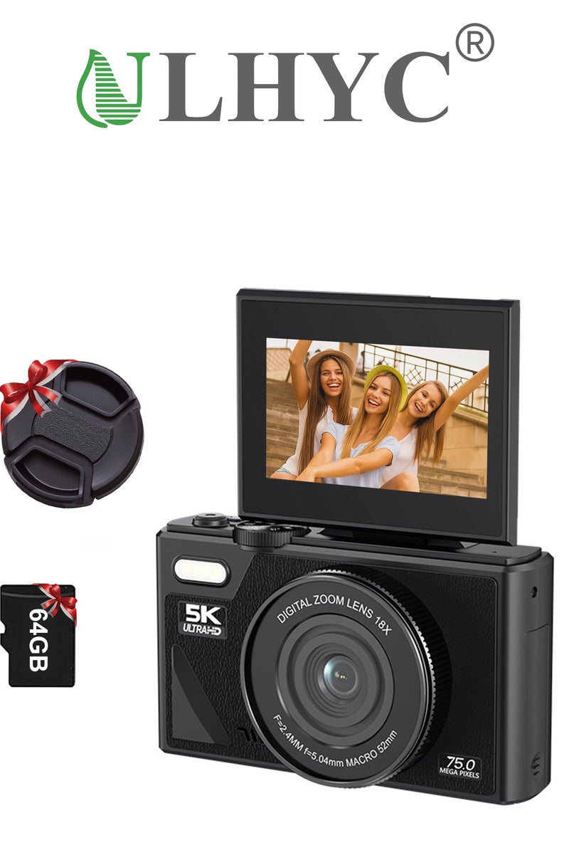ULHYC 5K Digital Camera for Photography, 75MP Vlogging Camera for YouTube, 180° Flip Screen, 18x Digital Zoom and Shooting Camera with 64GB Micro SD Card for Beginners (Black) - Image 1