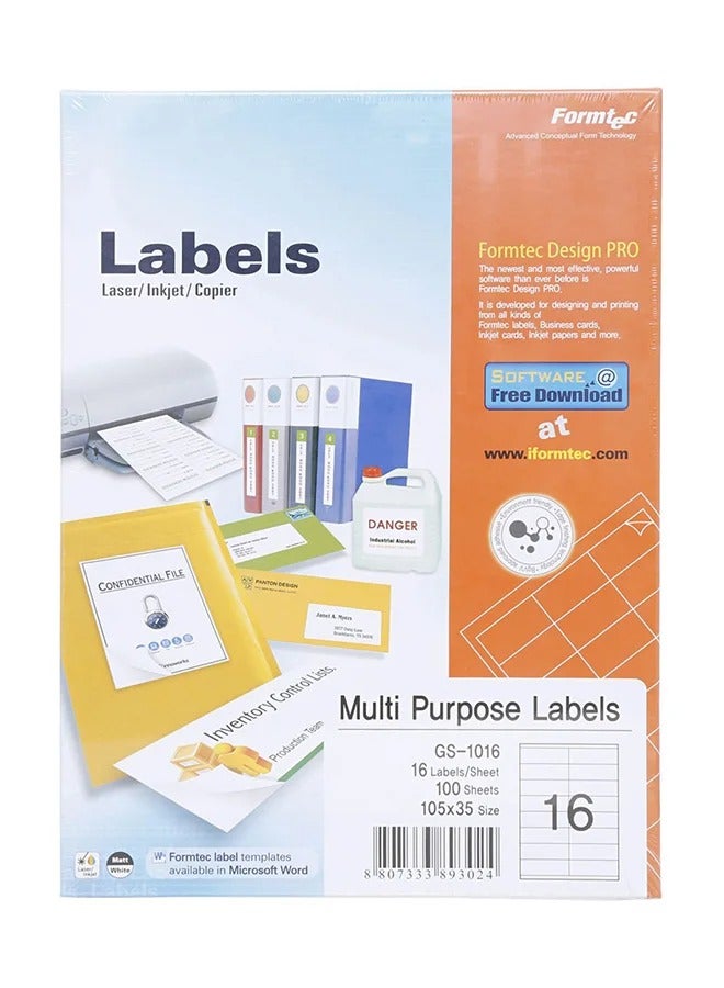 Formtec 100-Sheets Label Per Sheet Box (16 Labels Per Sheet)