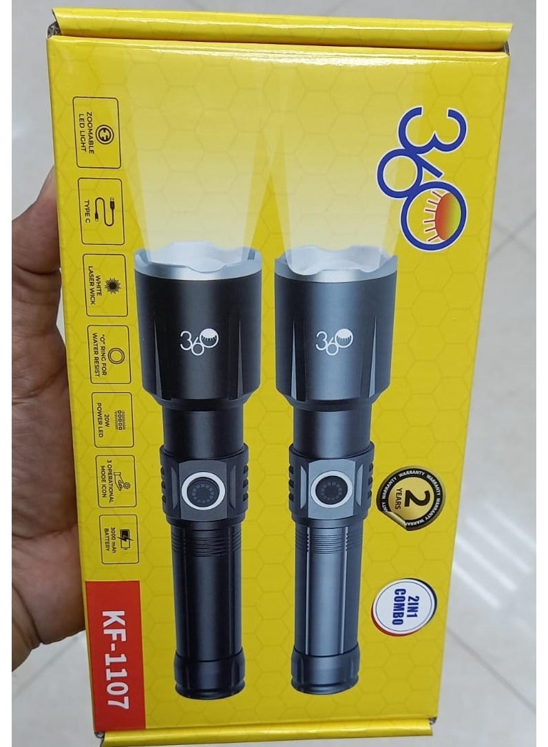 360 مصباح يدوي احترافي من الألمنيوم سبائك 2 في 1 قابل لإعادة الشحن نوع-C مدى طويل طاقة عالية