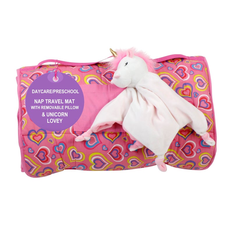 Emily Rose Kids Rollup Toddler Pink Sleeping Cot Nap Mat w/Blanket | Removable Pillow & Unicorn Lovey Included | 100% Cotton for Daycare, Preschool, Travel Naps | Portable, Washable | USA Business - Image 1