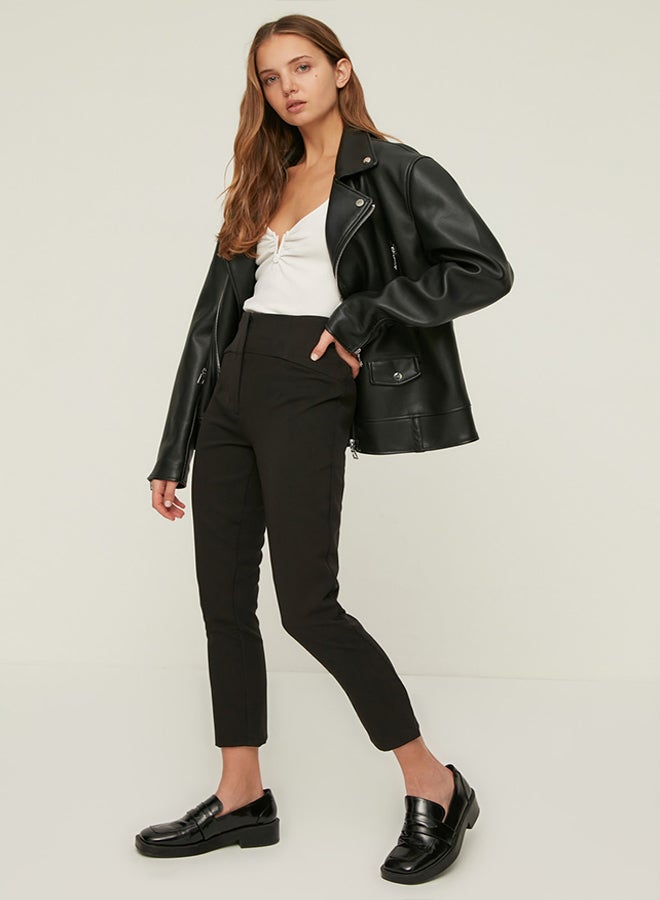 trendyol Black Cigarette Skinny Leg Woven Trousers with Waist Stitching Detail TWOSS20PL0388  - Image 3