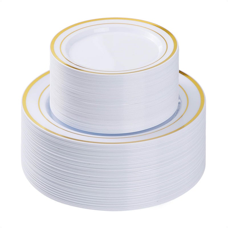 BESTVIP 100PCS Gold Plastic Plate Disposable Party Plates with 50 Dinner Plates and 50 Dessert Plates Plastic Plate for Parties Wedding and Birthday