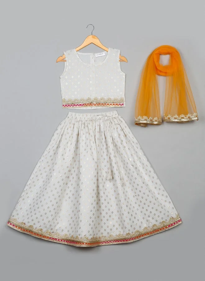 Saka Designs Girls White Ethnic Printed Lehenga Set With Dupatta