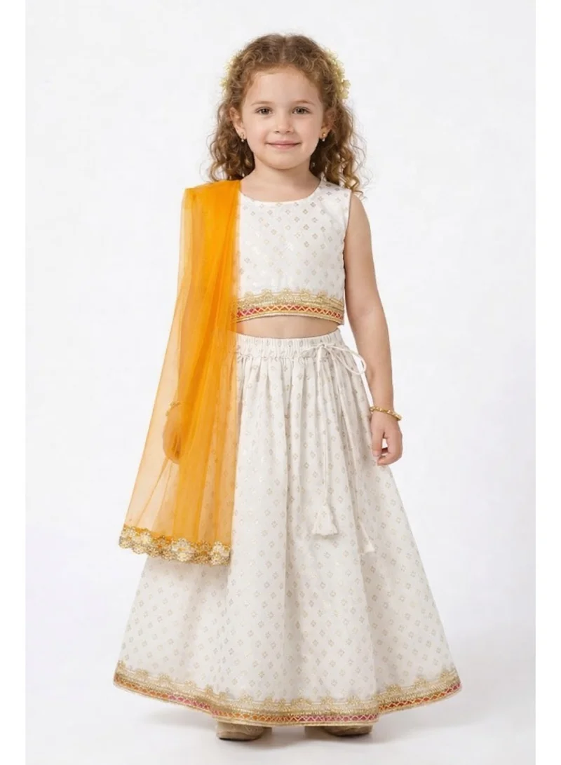 Saka Designs Girls White Ethnic Printed Lehenga Set With Dupatta