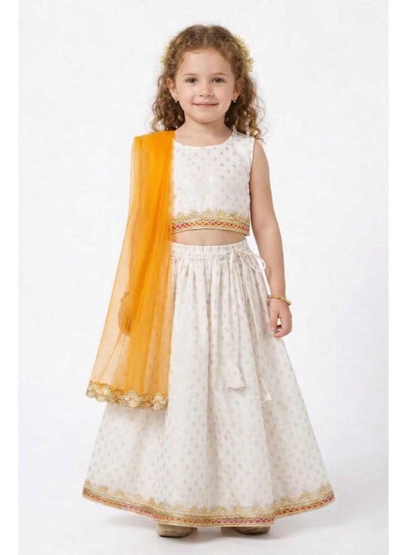 Saka Designs Girls White Ethnic Printed Lehenga Set With Dupatta - Image 1