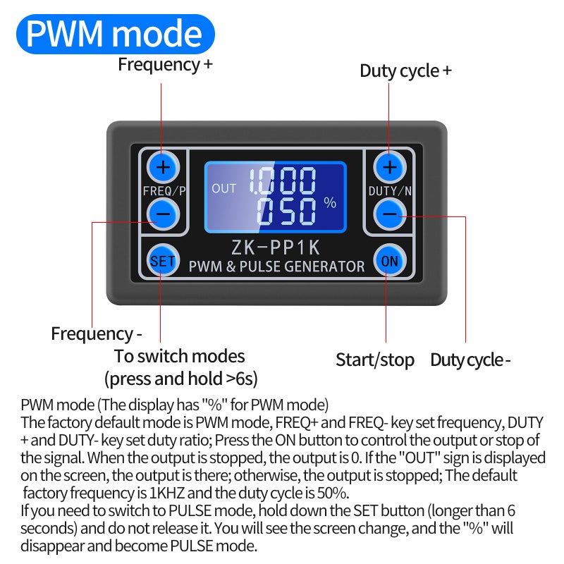 ZK-PP1K Dual Mode LCD PWM Signal Generator 1-Channel 1Hz-150KHz PWM Pulse Frequency Duty Cycle Adjustable Square Wave Generator - Image 3