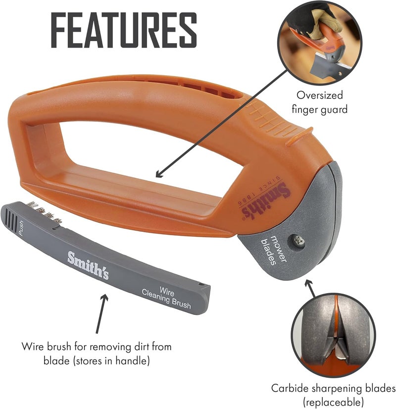Smiths 50603 Handheld Lawn Mower Blade Sharpener - Oversized Handle & Large Safety Guard - Durable Plastic - Easy to Use - Wire Cleaning Brush - Preset Carbide Blade - Gardening Lawn Care Tools - Image 3