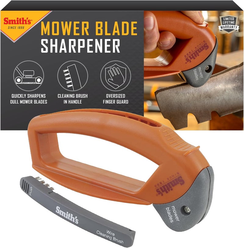 Smiths 50603 Handheld Lawn Mower Blade Sharpener - Oversized Handle & Large Safety Guard - Durable Plastic - Easy to Use - Wire Cleaning Brush - Preset Carbide Blade - Gardening Lawn Care Tools - Image 1
