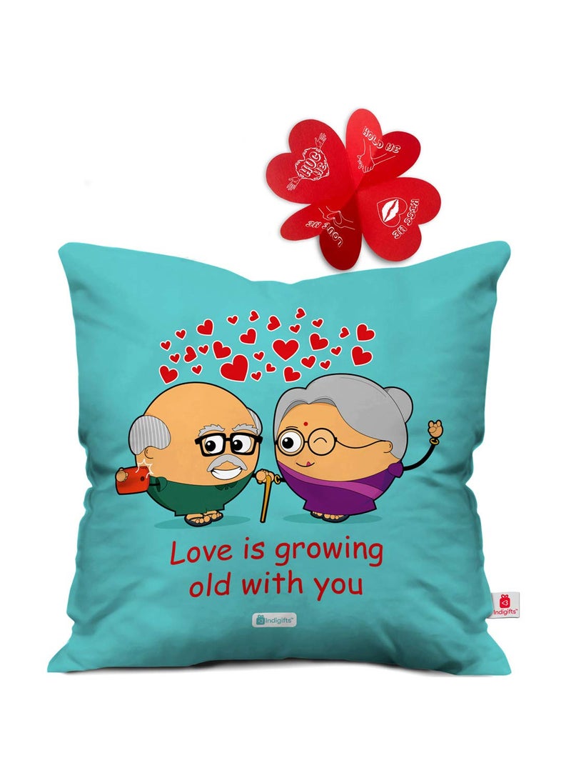 Indigifts Indigifts Valentine Gifts Love is Growing Old with You Quote Cute Couple Taking Selfie Micro Satin Cushion Cover (Blue, 16x16 inch), Valentine Gift for Boyfriend, Gifts for Girlfriend, Gift for Wife  - Image 1