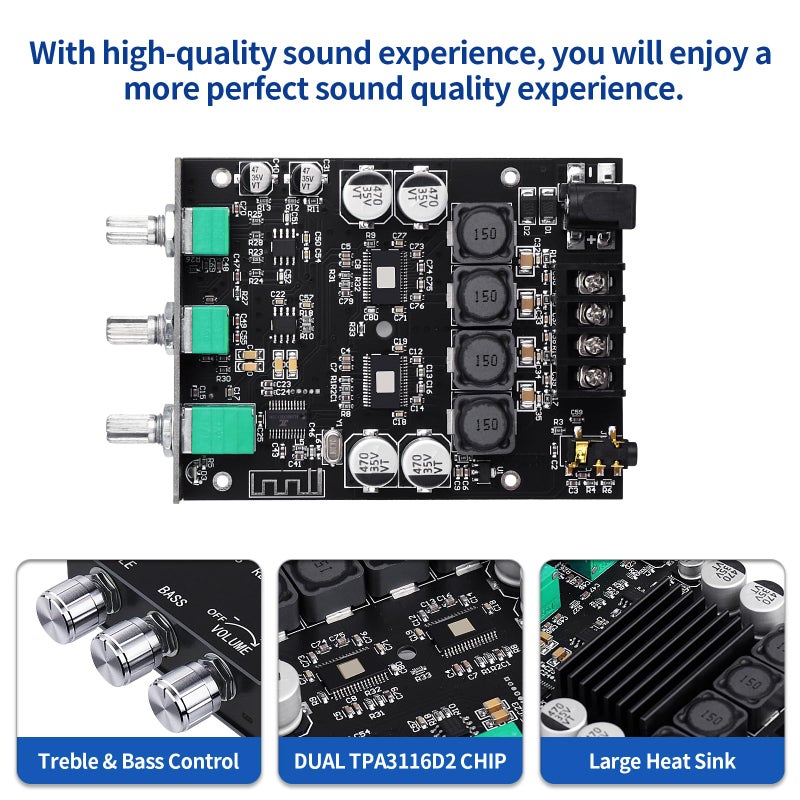 ARRAROWN ZK-1002T PRO Bluetooth 5.0 Amplifier Board 2.0 Channel 200W HiFi Subwoofer Audio AMP with Treble and Bass, BT USB and AUX Inputs, DC 12-24V Stereo AMP Module for DIY Speakers (2 Pack) - Image 3