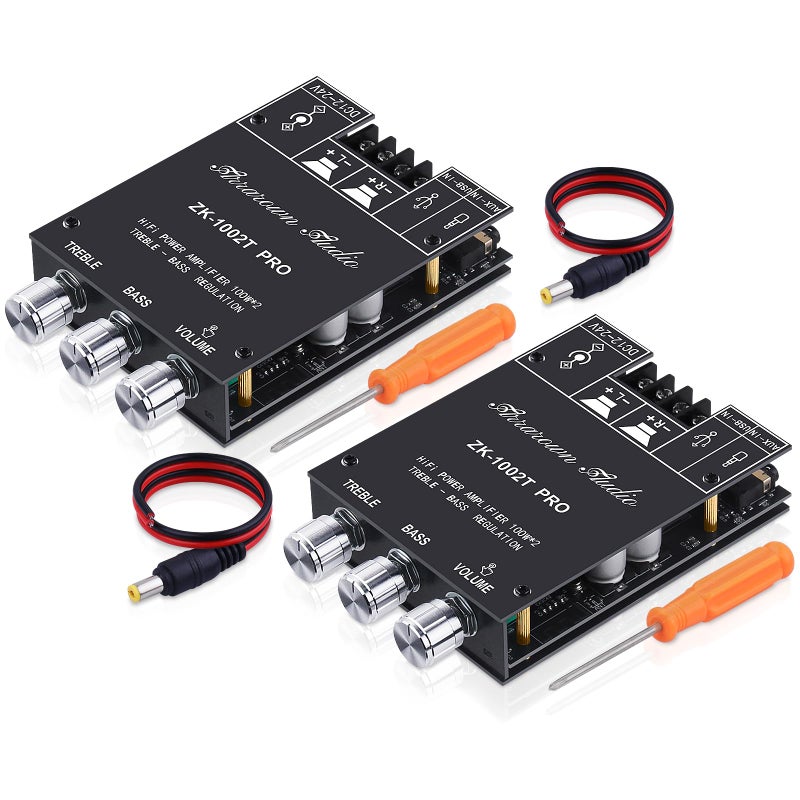 ARRAROWN ZK-1002T PRO Bluetooth 5.0 Amplifier Board 2.0 Channel 200W HiFi Subwoofer Audio AMP with Treble and Bass, BT USB and AUX Inputs, DC 12-24V Stereo AMP Module for DIY Speakers (2 Pack) - Image 1