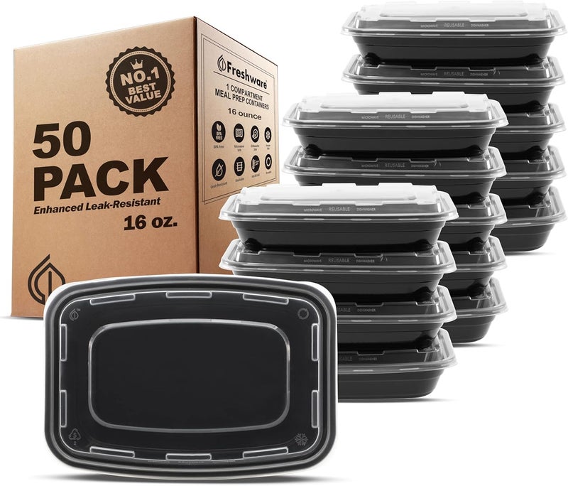 Freshware Meal Prep Containers 50 Pack 1 Compartment Food Storage Containers with Lids Bento Box BPA Free Stackable MicrowaveDishwasherFreezer Safe 16 oz - Image 1