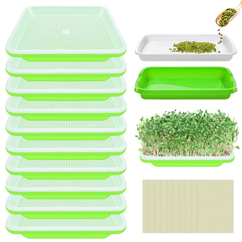 Legigo 10 Pack Green Seed Sprouter Trays SoilFree Cultivation Germination Tray BPA Free Nursery Tray with Planting Paper for Indoors or Outdoors Sprouting Seeds Grow Grass Beans Without Lids