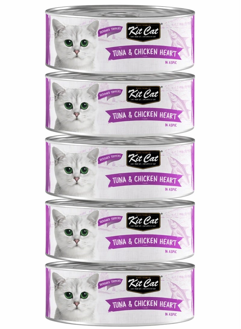 Kit Cat Tuna & Chicken Heart in Aspic, a grain-free wet cat food- 5 cans, each can size 80g - Image 1