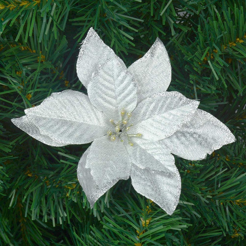 Gardeningwill 12Pcs 5 Inch Glitter Artificial Poinsettia Flowers with Ties for Wedding Christmas Festival Holiday Decor Xmas Wreath Garland Ornament Silver - Image 2