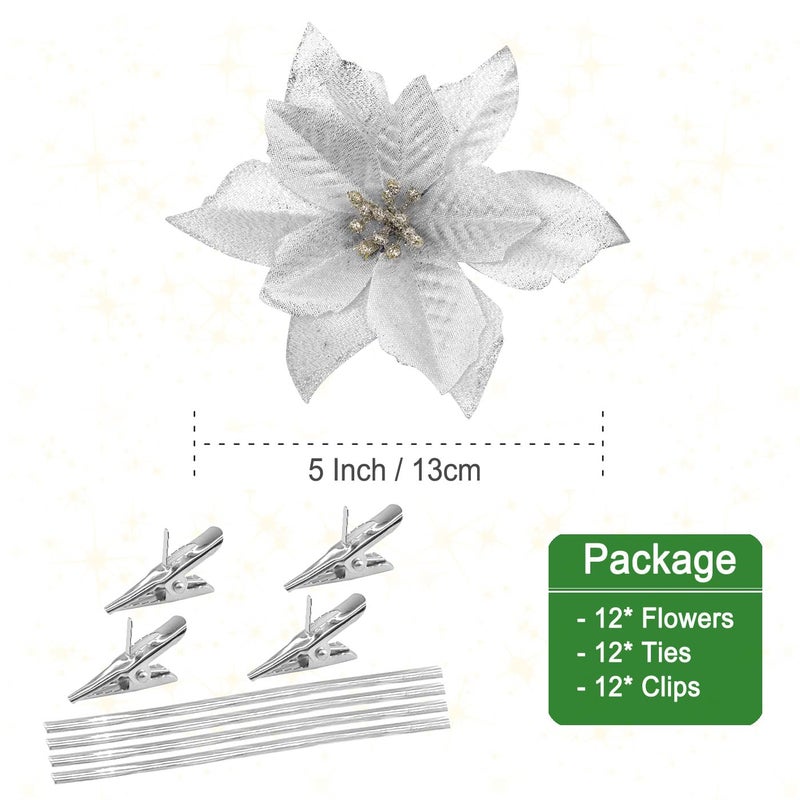 Gardeningwill 12Pcs 5 Inch Glitter Artificial Poinsettia Flowers with Ties for Wedding Christmas Festival Holiday Decor Xmas Wreath Garland Ornament Silver - Image 3