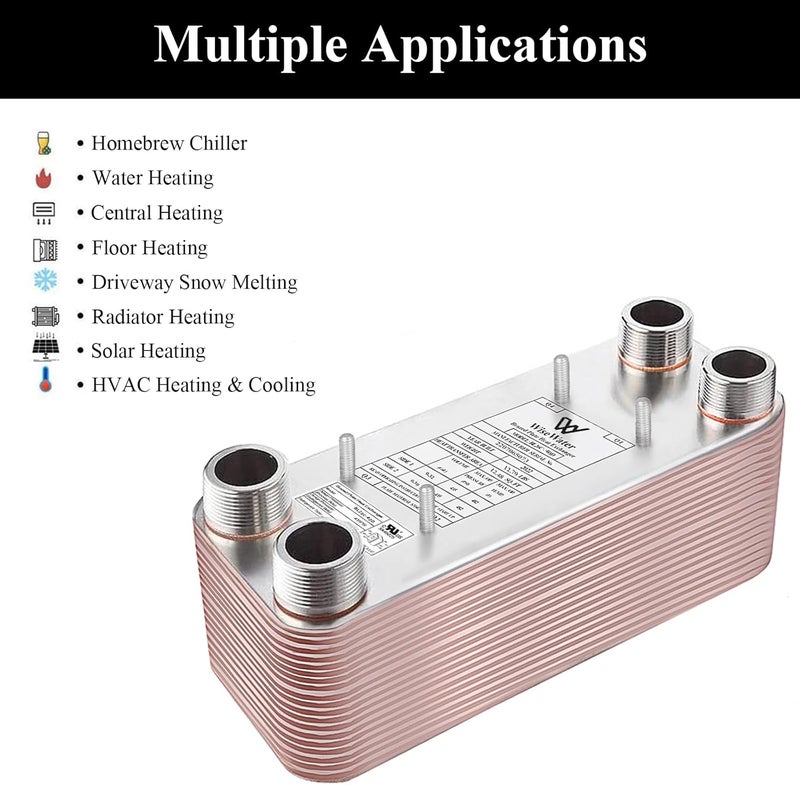 AB Brazed Plate Heat Exchanger, 5" x 12", 40 Plates, Copper/SS316L Stainless Steel for Water Heating - Image 2