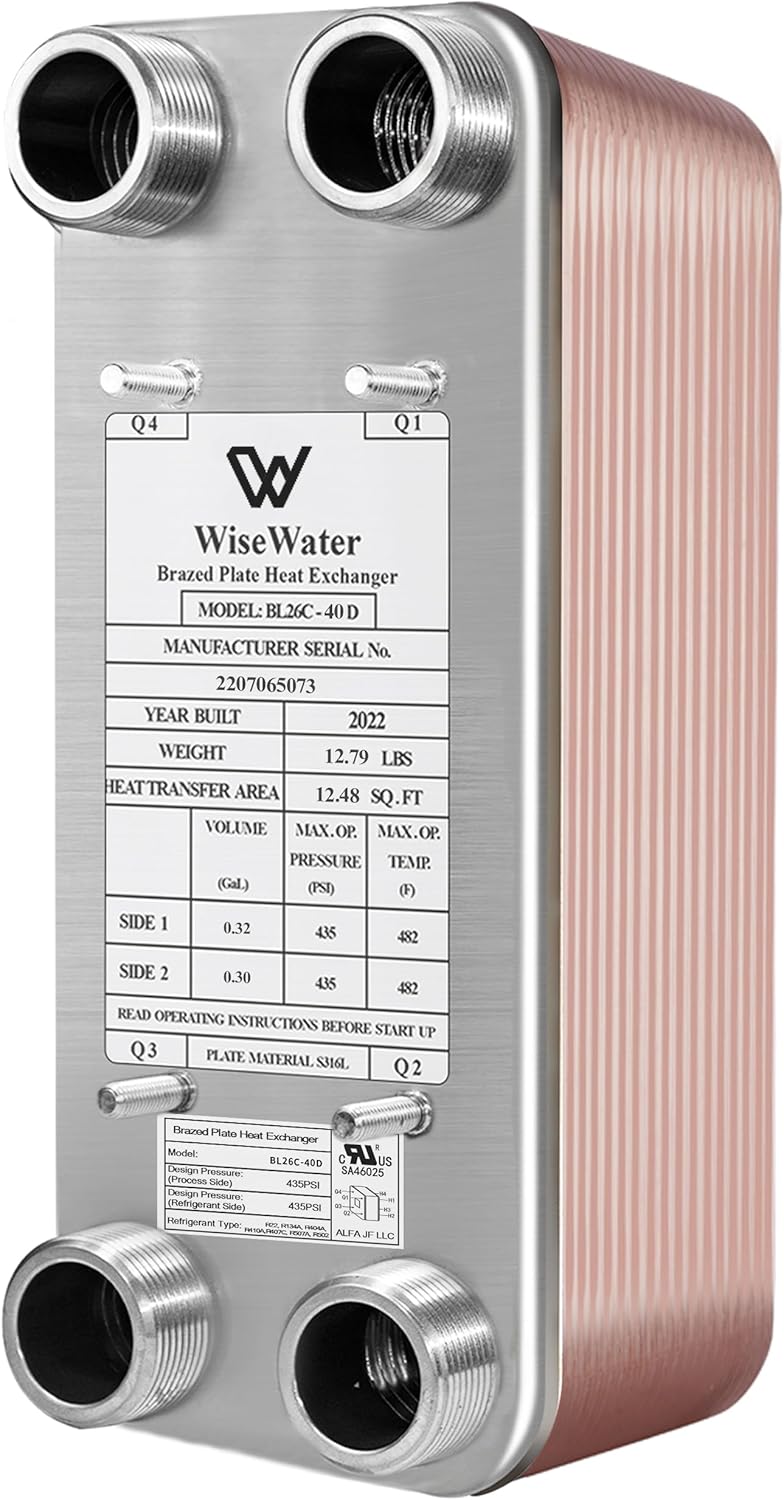 AB Brazed Plate Heat Exchanger, 5" x 12", 40 Plates, Copper/SS316L Stainless Steel for Water Heating - Image 1