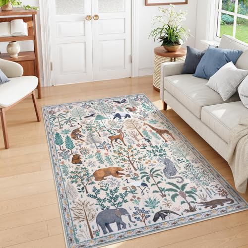 OJIA Jungle Print Washable Area Rugs 5x7, Soft Modern Rugs for Living Room Ultra-Thin Non-Shedding Bedroom Rug, Stain Resistant Neutral Area Rug Large Carpet for Dining Room Kids Nursery Playroom - Image 1