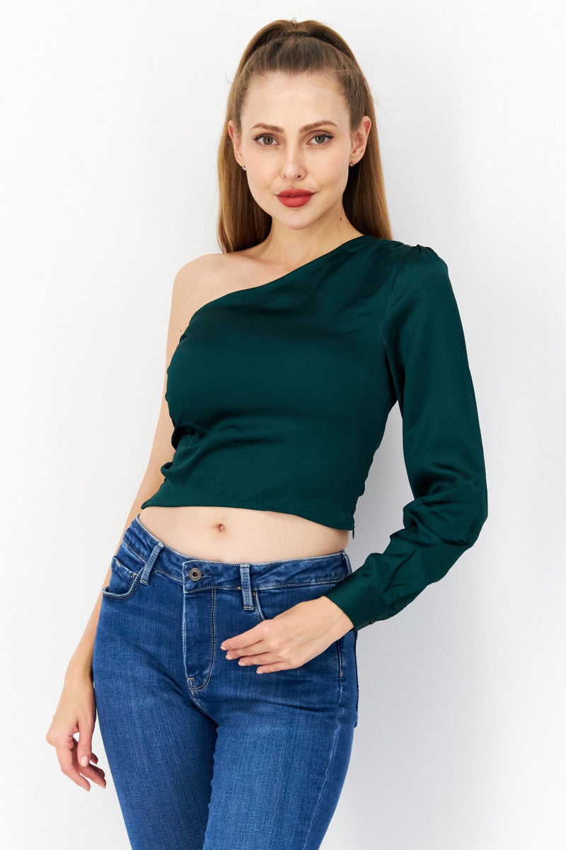 NA-KD Women Asymmetrical One Shoulder Sleeve Plain Top, Green - Image 1