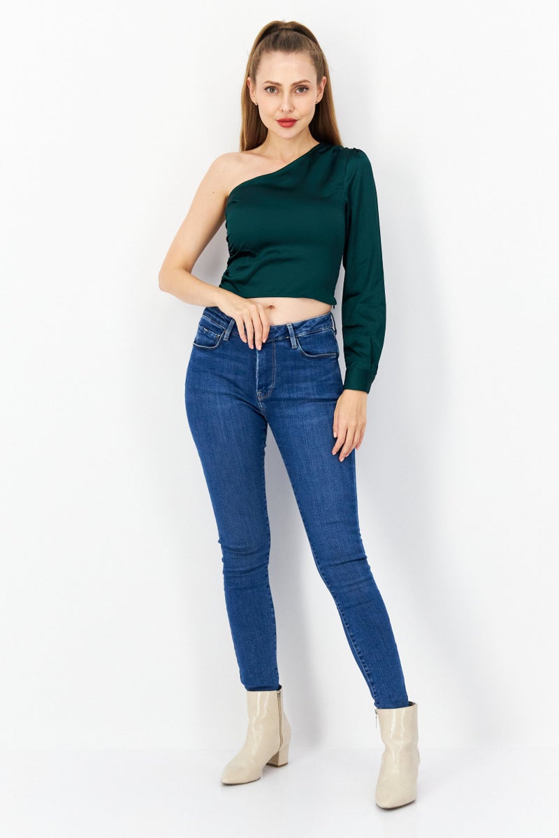 NA-KD Women Asymmetrical One Shoulder Sleeve Plain Top, Green - Image 3