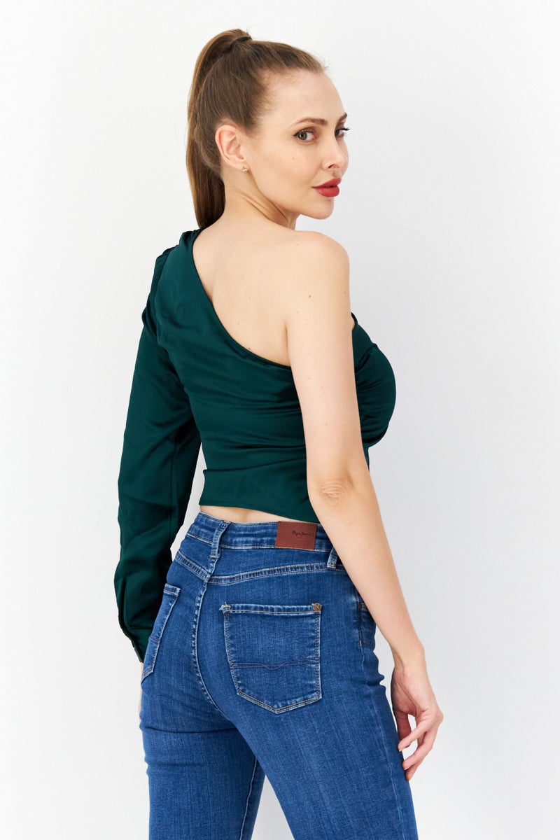 NA-KD Women Asymmetrical One Shoulder Sleeve Plain Top, Green - Image 2