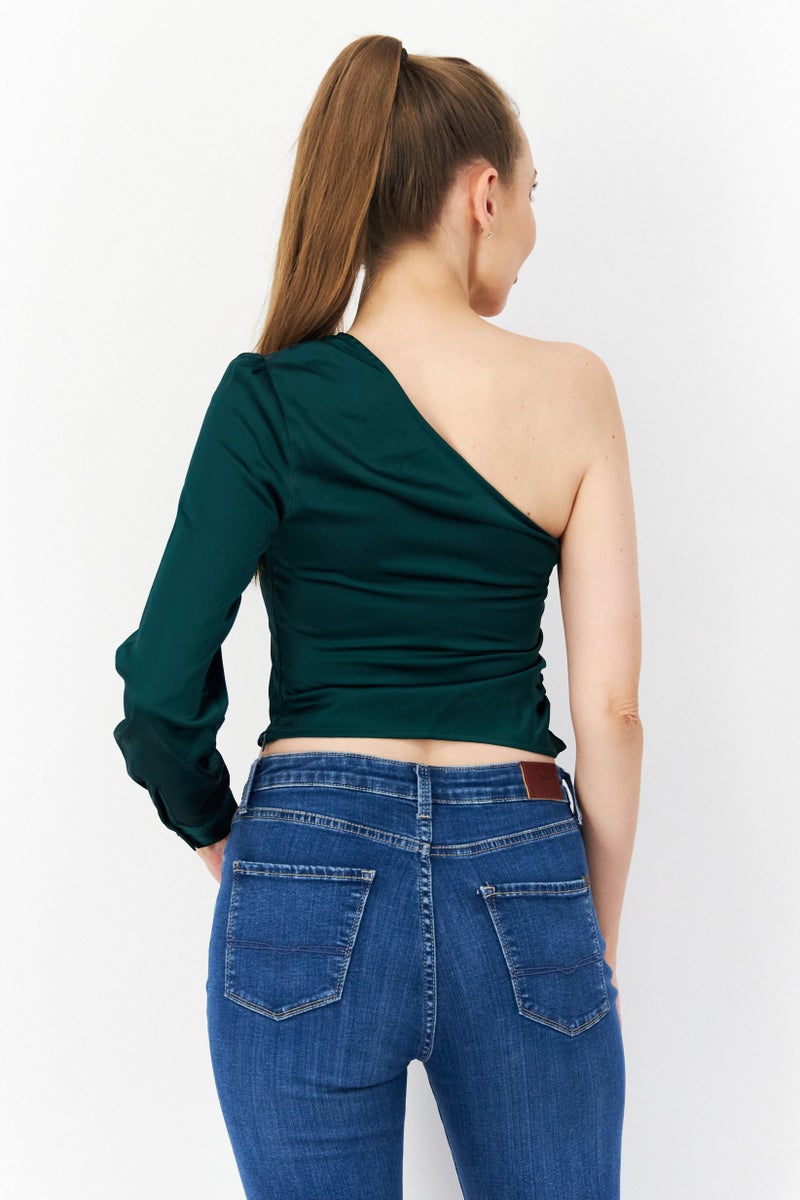 NA-KD Women Asymmetrical One Shoulder Sleeve Plain Top, Green - Image 2