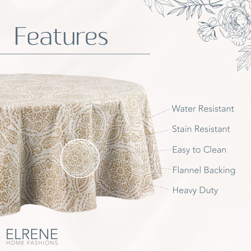 إلرين مناديل المائدة البلاستيكية المقاومة للماء والبقع من ماركة Elrene Home Fashions، نمط Savannah Boho Paisley، مصممة للاستخدام داخليًا وخارجيًا، بطبقة خلفية من القطن، مقاس 70×70 بوصة، على شكل دائري، بلون بيج. - Image 4