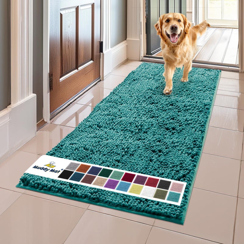 Muddy Mat Original Dog Door Mat for Muddy Paws Super Absorbent Microfiber NonSlip Washable Pet Rug Quick Dry Chenille Entryway Carpet Machine Washable Indoor Outdoor mat Teal 24x60