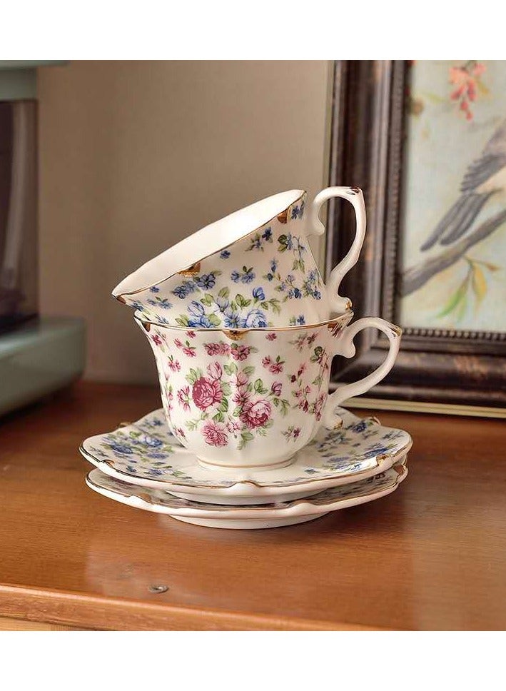 طقم فناجين قهوة وصحون خزفية فاخرة على شكل عظمة وردية أوروبية فاخرة وخفيفة الوزن من السيراميك، طقم صحن وملعقة مكون من قطعتين (أحمر) - Image 5