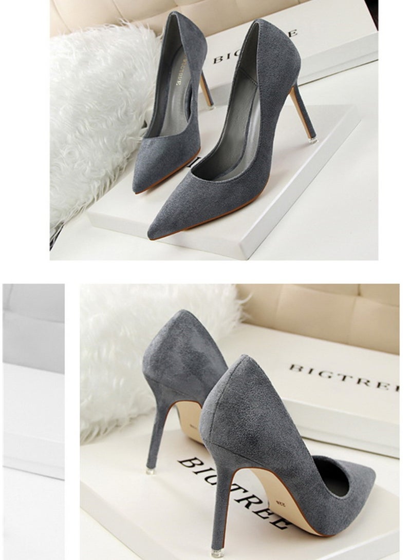 BIGTREE حذاء بكعب رفيع بسيط بإصدار كوري بطول 9 سم وكعب عالٍ وفم ضحل وكعب رفيع مدبب من جلد الغزال باللون الرمادي - Image 2