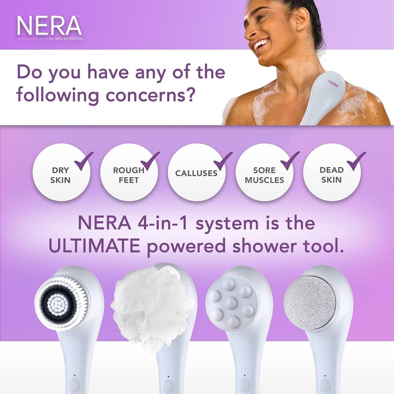 Spa Sciences NERA 4in1 ShowerBath Body Brush for Exfoliation Deep Cleansing Foot Care Lotion Infuser and Massage - Image 2