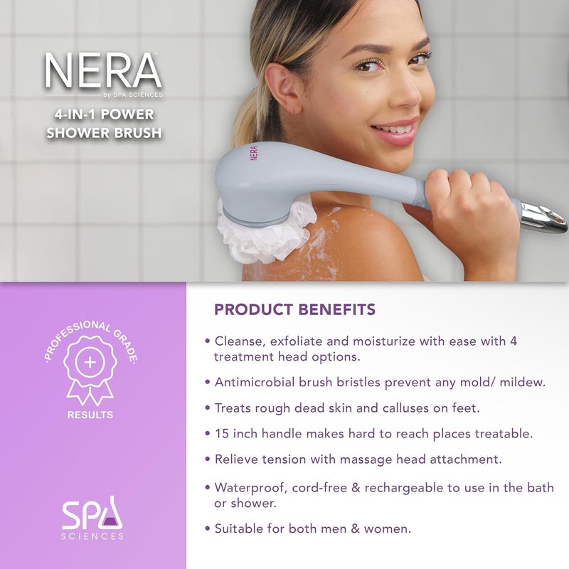 Spa Sciences NERA 4in1 ShowerBath Body Brush for Exfoliation Deep Cleansing Foot Care Lotion Infuser and Massage - Image 3