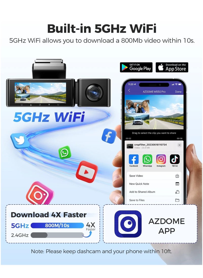 أزدوم كاميرا القيادة AZDOME M550 Pro بدقة 4K مع حامل كاميرا خلفية | واي فاي 5.8GHz | نظام GPS | زاوية رؤية 150° | مراقبة أثناء الوقوف على مدار 24 ساعة | جهاز تسجيل فيديو للسيارة | دعم قناتين أو ثلاث | تتبع المسار  - Image 4