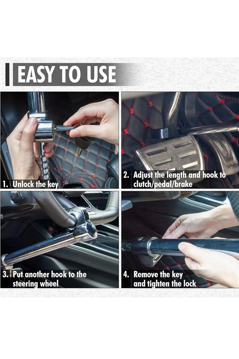 Oasisgalore Steering Wheel Lock Bar, Heavy Duty Anti-Theft Security Brake Pedal Lock with Adjustable Length with 2 Keys, Silver - Image 4