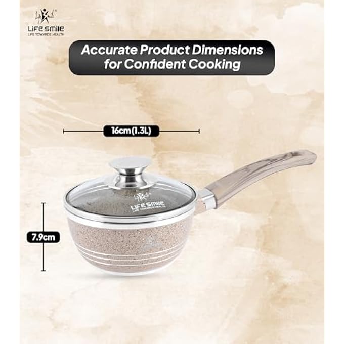 Unity 16 Cm 13 Liters Saucepan With Glass Lid NonStick Multi Layer Granite Coating  Stay Cool Handle Milk Pan Toxin Free For Healthy Cooking Beige - Image 3
