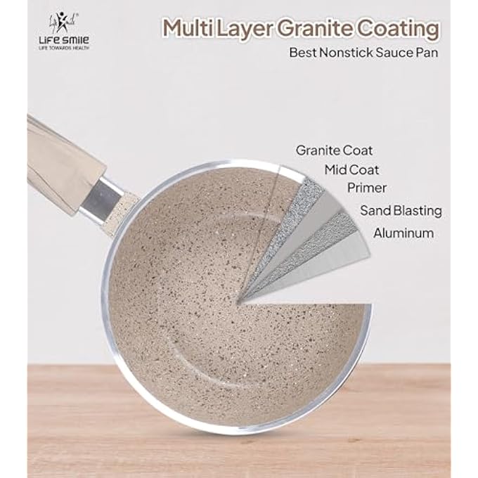 Unity 16 Cm 13 Liters Saucepan With Glass Lid NonStick Multi Layer Granite Coating  Stay Cool Handle Milk Pan Toxin Free For Healthy Cooking Beige - Image 4