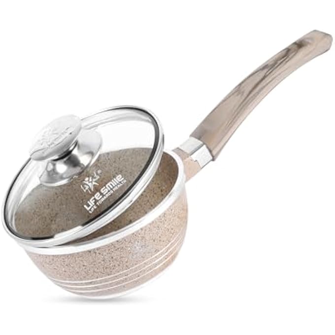 Unity 16 Cm 13 Liters Saucepan With Glass Lid NonStick Multi Layer Granite Coating  Stay Cool Handle Milk Pan Toxin Free For Healthy Cooking Beige - Image 2