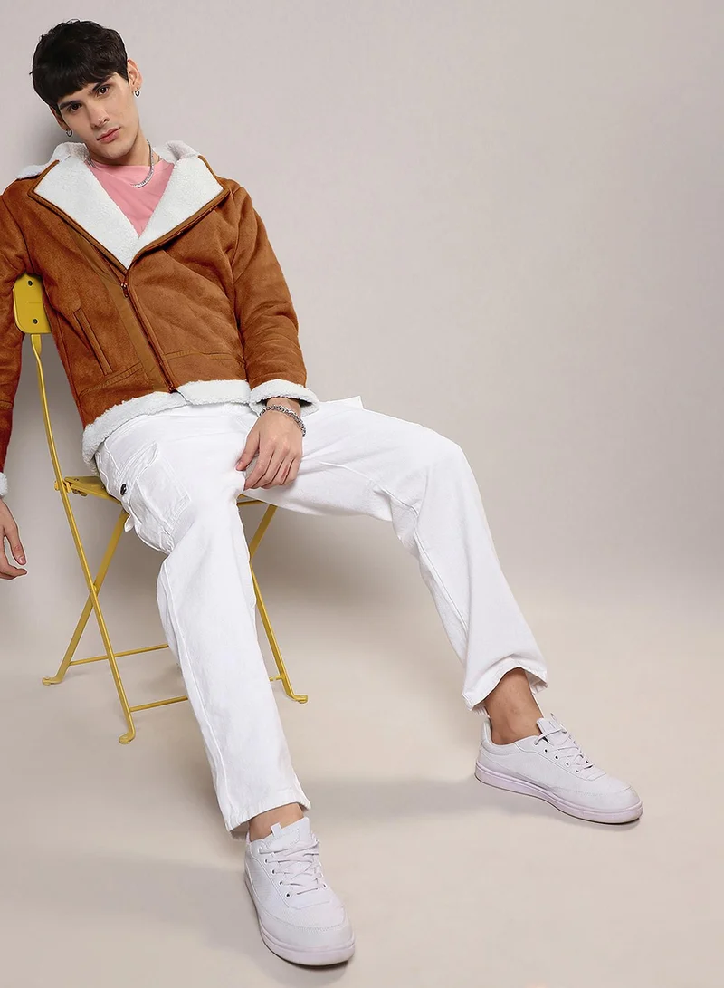 Campus Sutra Men's Icy Blue & Chalk White Fleece Lined Biker Jacket