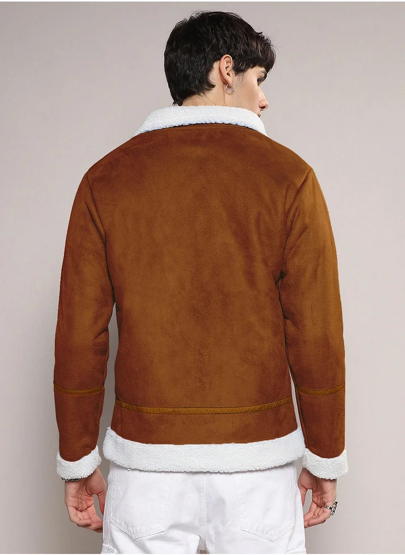 Campus Sutra Men's Icy Blue & Chalk White Fleece Lined Biker Jacket