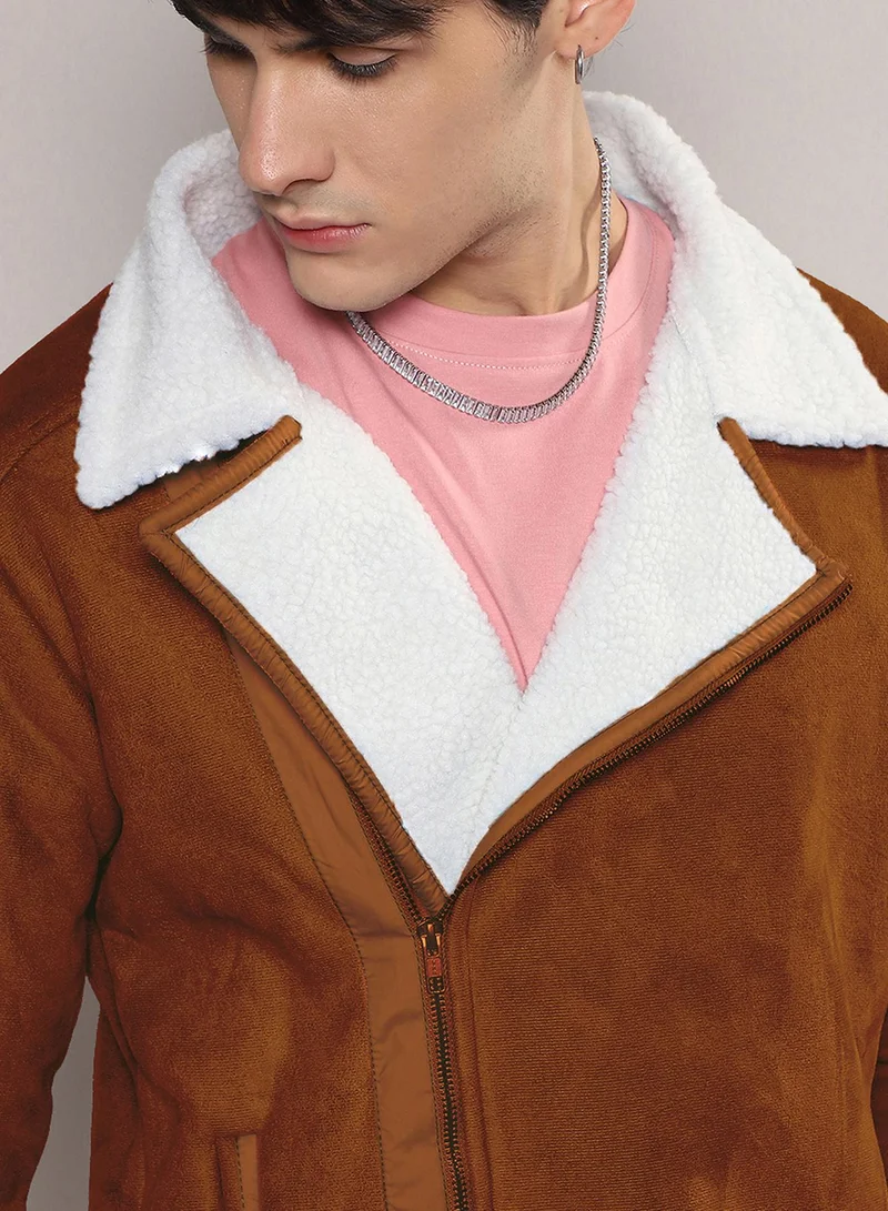 Campus Sutra Men's Icy Blue & Chalk White Fleece Lined Biker Jacket