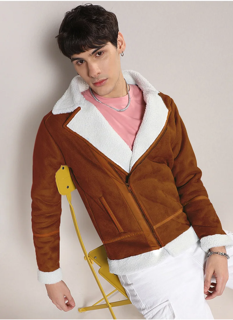 Campus Sutra Men's Icy Blue & Chalk White Fleece Lined Biker Jacket