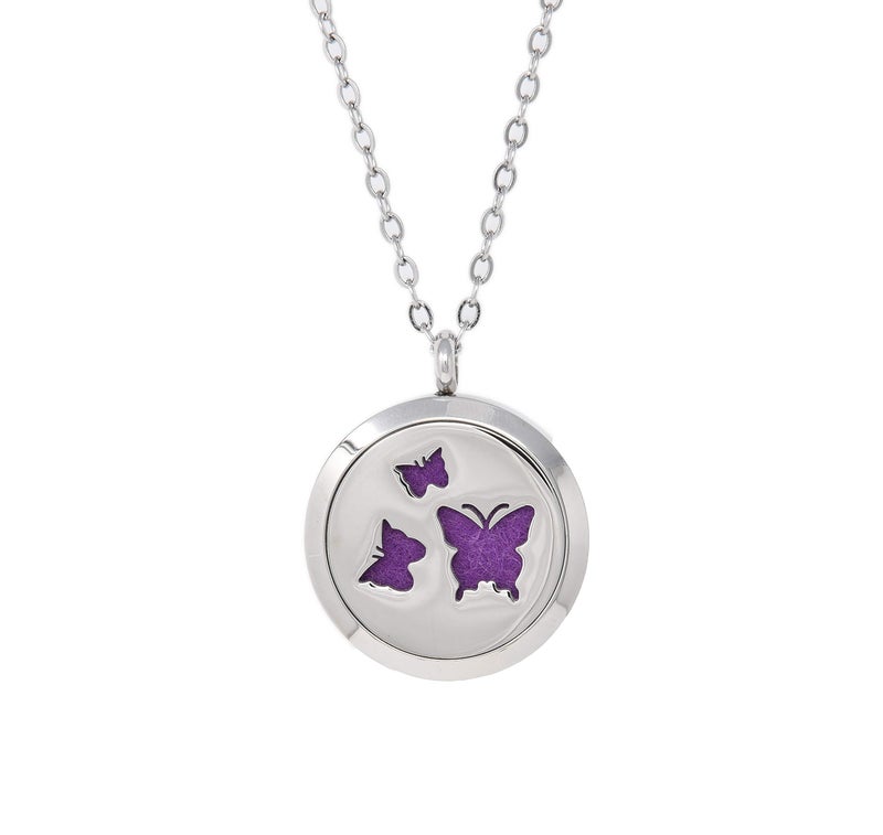 Simply Essential Solutions Aromatherapy Essential Oil Diffuser Stainless Steel 30MM Silver Magnetic Locket Pendant 2 Sizes Chain Necklace, Refill Pads & Diffuser Bracelet in a Velvet Bag (butterfly4) - Image 1