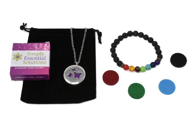 Simply Essential Solutions Aromatherapy Essential Oil Diffuser Stainless Steel 30MM Silver Magnetic Locket Pendant 2 Sizes Chain Necklace, Refill Pads & Diffuser Bracelet in a Velvet Bag (butterfly4) - Image 2