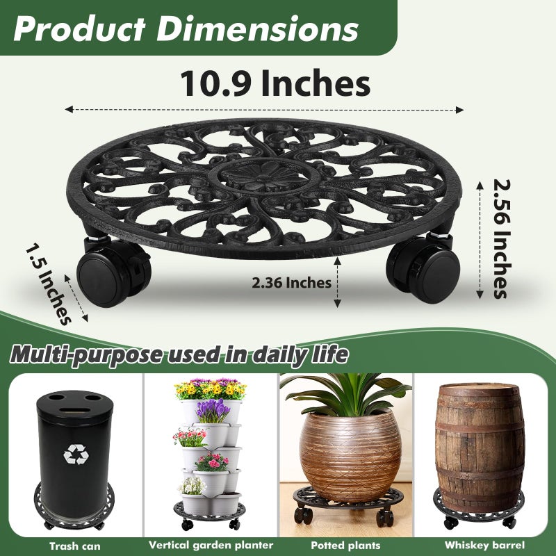 Planterhoma 2 Packs 11 Inch Rolling Plant Stand with Wheels Wrought Iron Rolling Plant Stand with Casters Heavy Duty for Indoor Plants Rollers with Plant Saucers, Metal Round Plant Dolly - Image 4