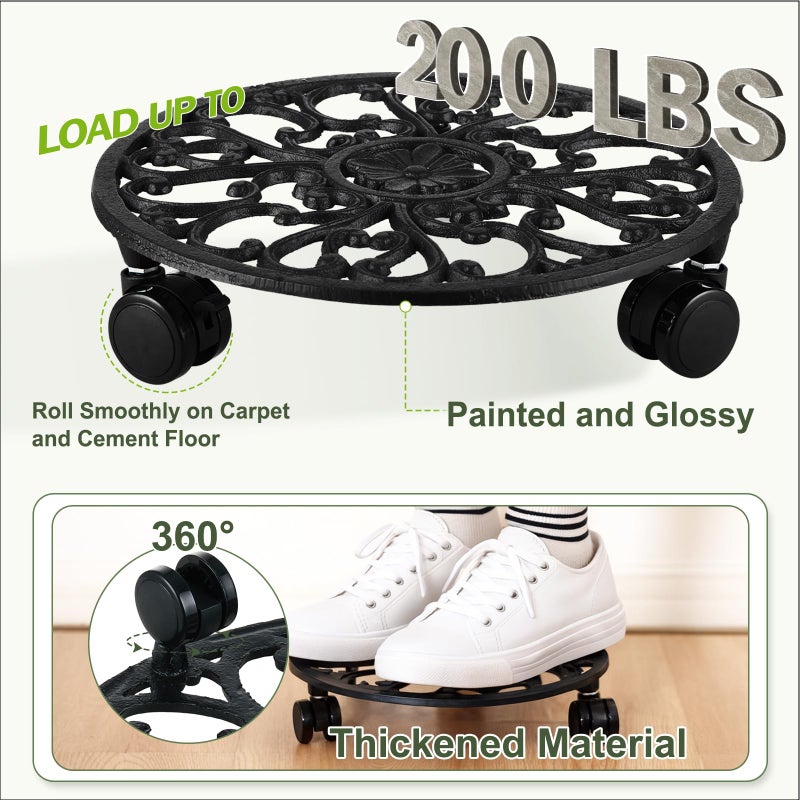 Planterhoma 2 Packs 11 Inch Rolling Plant Stand with Wheels Wrought Iron Rolling Plant Stand with Casters Heavy Duty for Indoor Plants Rollers with Plant Saucers, Metal Round Plant Dolly - Image 5