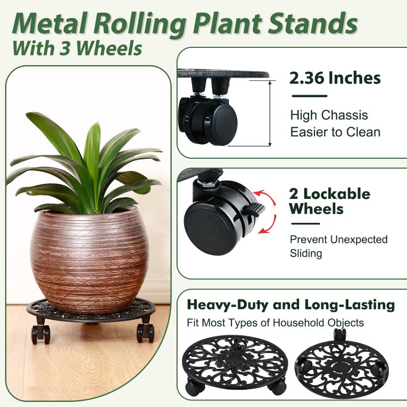 Planterhoma 2 Packs 11 Inch Rolling Plant Stand with Wheels Wrought Iron Rolling Plant Stand with Casters Heavy Duty for Indoor Plants Rollers with Plant Saucers, Metal Round Plant Dolly - Image 3