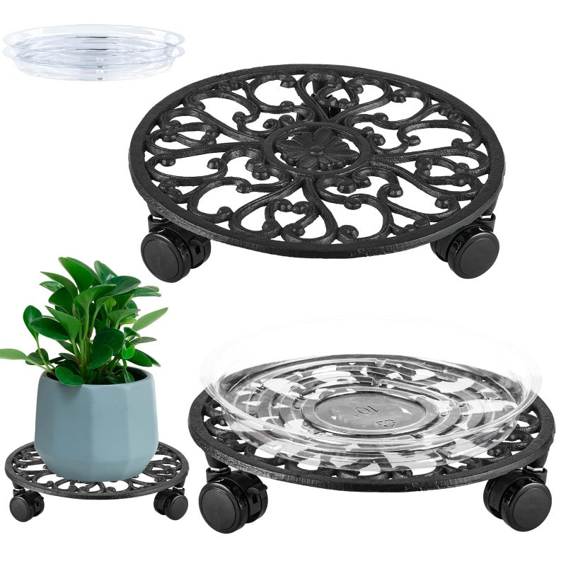 Planterhoma 2 Packs 11 Inch Rolling Plant Stand with Wheels Wrought Iron Rolling Plant Stand with Casters Heavy Duty for Indoor Plants Rollers with Plant Saucers, Metal Round Plant Dolly - Image 1