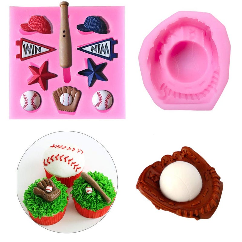 2PcsSet Baseball Fondant Mold for Cake Cupcake Decorating Baseball Softball Glove Silicone Chocolate Candy Sugar Paste Mold Sport Themed Party Soap Favors